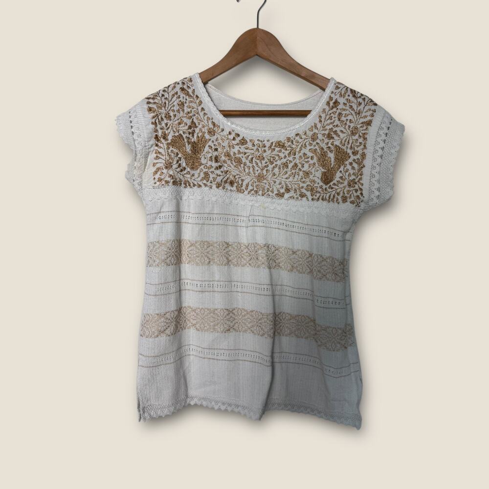 Vtg Huipil Embroidered Blouse Boho White Top Floral Bird Lace Trim Peasant